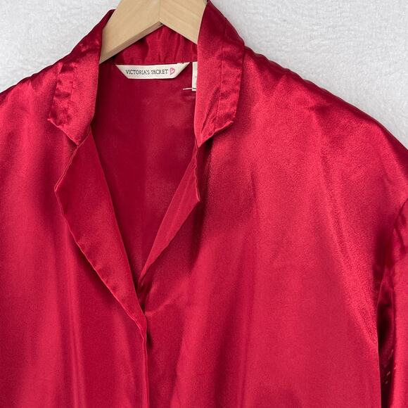 VICTORIA SECRET Top XS Satin Pajama Sleep Shirt Button Up Short Sleeve Red - Picture 8 of 12